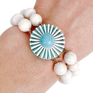 Vintage Mid Century Mod Blue White Beaded Double Strand Daisy Bracelet Size 6.5